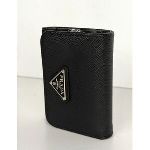 Prada Wallet in Black Saffiano Calfskin Leather Small Trifold with Enameled Logo
